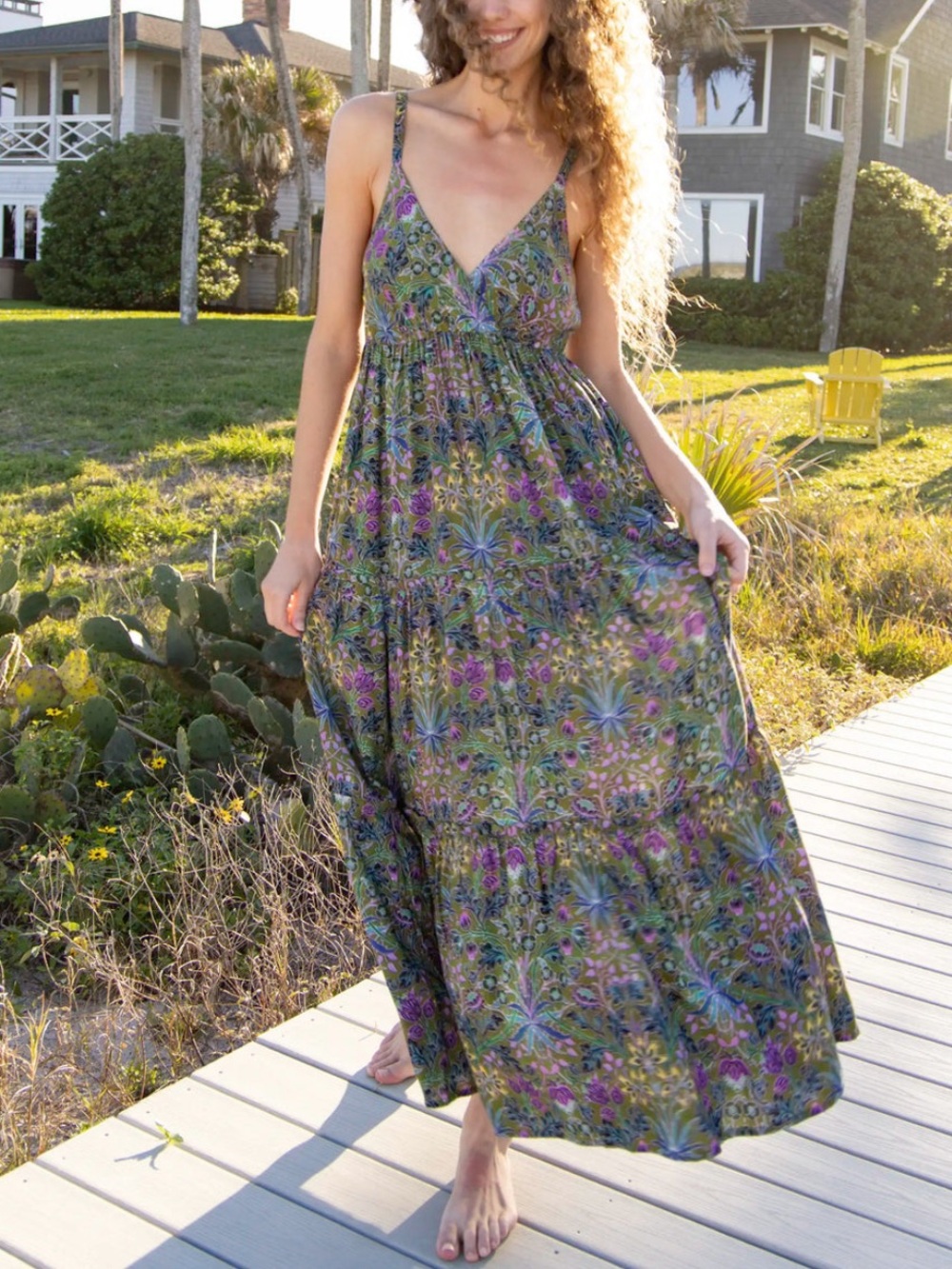 Natural Life Ella Maxi Dress in Green Purple Floral Size Medium